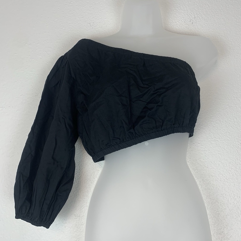 The Drop Shirt Women Small Anupa One Shoulder Puff Sleeve Cotton Crop Top Black